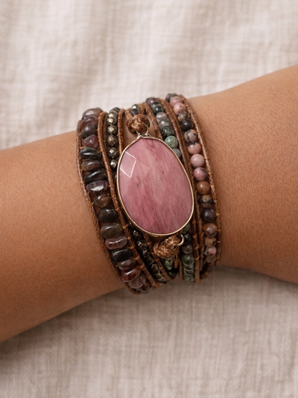 Boho Wrap Bracelet Pink Rhodonite Stone Multi Strand Beaded | Chan Luu Style